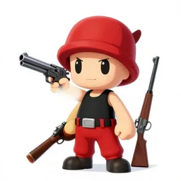 quote from cave story, video game, android, cute character, red trousers, black tank top, pistol and rifle, red hat, anime cartoon, manga style