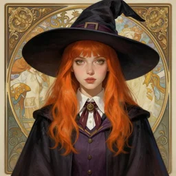 portrait adult female witch student, magic university school dress, bangs orange hair, illustration, highly detailed, digital painting, concept art, matte, art by wlop and artgerm and greg rutkowski and alphonse mucha