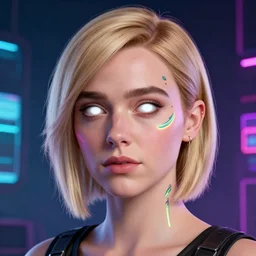Maisie Williams, neon face tattoo, cyberpunk background, straight hairstyle, white eyes, blonde hair, realistic render, short hair, unreal engine render, Icaro Carvalho