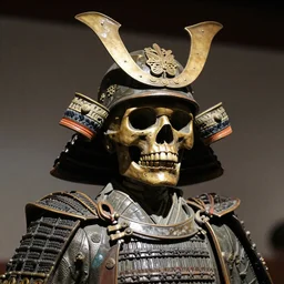 detailed photo of an old bronze statue of a skull with a samurai costume, intricate detail, museum lighting