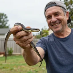 my dad taking a selfie with the snake he caught in the backyard