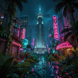 reclaimed by nature by daniel burnham, san andreas darkacademia water postcyberpunk retrowave neon signs nightsky lightpaint vice city steampunk bioshock liberty city junglepunk, archdaily, wallpaper, highly detailed, trending on artstation.