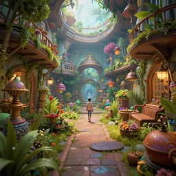 steampunk garden interior, colorful, contrast, depth of field, 3 d scene, render, greg rutkowski, zabrocki, karlkka, jayison devadas, trending on artstation, 8 k, ultra wide angle, zenith view, pincushion lens effect