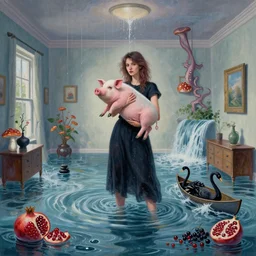 tall female emo artist holding a pig in her flooded apartment, mushrooms, octopus, water gushing from ceiling, painting of flood waters inside an artist's apartment, a river flooding indoors, pomegranates, pigs, ikebana, zen, river, rapids, waterfall, black swans, canoe, berries, acrylic on canvas, surrealist, by magritte and monet