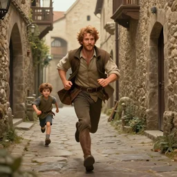 man running down medieval alleyway with boy running behind, deviantart, artstation,