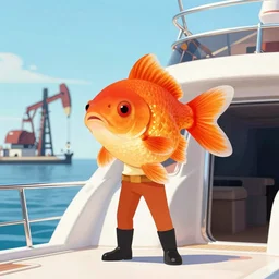 “ a goldfish man superhero fighting an oil baron on a yacht. ”