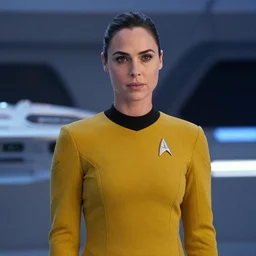 Gal Gadot, wearing a regulation starfleet yellow uniform, is the captain of the starship Enterprise in the new Star Trek movie