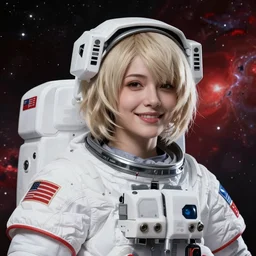 highly detailed portrait of a hopeful pretty astronaut lady with a wavy blonde hair, by Victo Ngai, 4k resolution, nier:automata inspired, bravely default inspired, vibrant but dreary but upflifting red, black and white color scheme!!! ((Space nebula background))