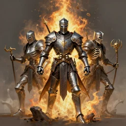 skeleton knights spontaneously combusting, digital painting, mixed media, trending on artstation and deviantart, epic composition, centered, sharp focus, magnum opus, highly detailed, 8 k