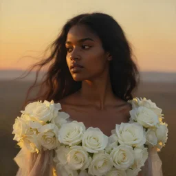 oil painting close up portrait of a contemplative young black woman with long dark flowing hair in a dress made of white roses!! at sunset, hazy, digital art, chiaroscuro, artstation, cinematic, golden hour, digital art painting by greg rutkowski, william - adolphe bouguereau, hazy atmosphere, cinematic lighting