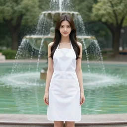 a full body portrait of a very very very beautiful young woman wearing a white apron standing in front of a fountain in a park, very detailed, William-Adolphe, photo taken with Sony a7R