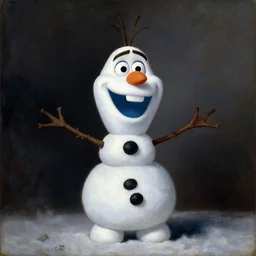 a masterwork chiaroscuro oil painting portrait of adorable symmetric snowman olaf from disneys frozen in the style of a renaissance painting, insane detail, jan matejko, jan van eyck, trending on artstation, artgerm