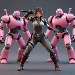 warrior woman fights, pink robot enemies, octane render, cgsociety, detailed