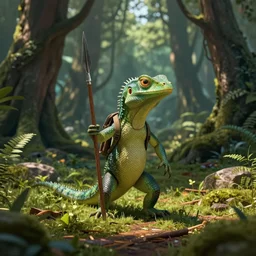an anthropomorphic lizard goes hunting with a spear through a fantasy forest.