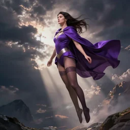 mystical female superhero in a purple cloak, nylon stockings, floating