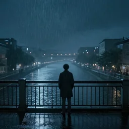 a lonely man on a city bridge looking to the river at midnight, heavy rain, digital art, concept art, octane render, unreal engine 5, ghibli studio, high quality, highly detailed, 8 k, high coherence, high contrast, serene scenery, serene scene, loneliness, sad atmosphere, path traced, anime style, pixar and disney style, hyperrealistic