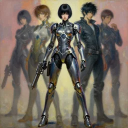 full body girl metal armor cyberpunk gun poses painting beautifull face alice otsu no blur by gaston bussiere, greg rutkowski, yoji shinkawa, yoshitaka amano, tsutomu nihei, donato giancola, tim hildebrandt, oil on canvas, trending on artstation, featured on pixiv, cinematic composition, 8 k