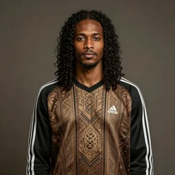 a somali man with long curly hair, dressed in adidas clothing, intricate, elegant, highly detailed, centered, digital painting, smooth, cinematic