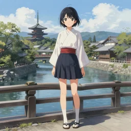 a girl is standing on a bridge over a body of water in kyoto japan, a detailed painting by wlop and feigiap, pixiv contest winner, photorealism, detailed painting, 2 d game art, pixiv