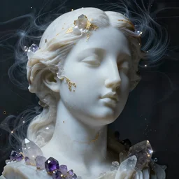 abstract female face sculpture melting in white marble and amethyst crystals quartz, ethereal lights, fine details, film still, cinematic photoshooting, luxury, strong wind, dark mood, sad, liquid acrylic painting, optical cables, cold colors, golden filigree, lens flares, octane render