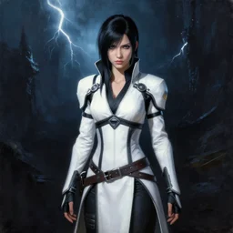 beautiful painting of Miranda Lawson from the mass effect game series, dark background, cinematic lightning, fantasy world, centered, white and black clothing, black hair