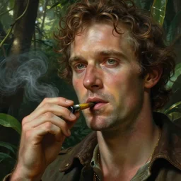 a beautiful portrait of august schellenberg taking tobacco snuff in the jungle, hyper realistic face, fantasy art, in the style of greg rutkowski, intricate, matte painting, hyper detailed, smooth