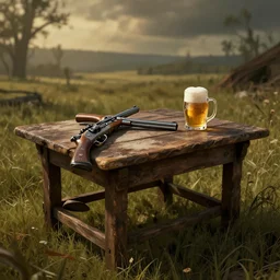 old west table with a gun and a beer, read dead 2 style, digital art, unreal engine, wallpaper