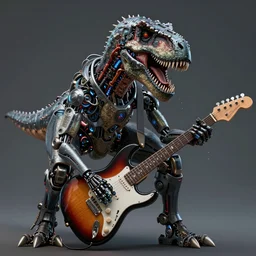 a portrait of an anthropomorphic cyberpunk t - rex shredding an electric guitar by sandra chevrier, by jon foster, detailed render, epic composition, cybernetics, 4 k realistic, fender stratocaster, cryengine, realistic shaded lighting, sharp focus, masterpiece, by enki bilal