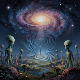 psychedelic optical illusion, enchanted alien world, galaxy in the sky, aliens, wide angle shot, vector art, illustration by frank frazetta
