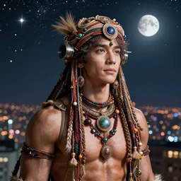 masterpiece portrait charming and muscular male luxury astronomer boho accessories in fantastic movie, kpop, high detail face, art by artgerm, greg rutkowski, sasoura, satchely, big starry sky and city in background, er, medium and long lens, fantasy, low light, no distortion, sharp focus, sun, moon