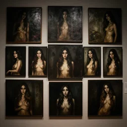 a wall full of portrait paintings of seductive women, museum, dark, scary