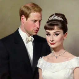 detailed painting of young prince william marrying attractive audrey hepburn, highly detailed painting by gaston bussiere, craig mullins, j. c. leyendecker 8 k, smiling couple, royal painting, human face