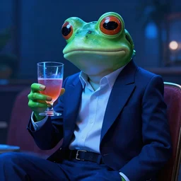 the most beautiful cybercore frog drinker holding drink, casual elegant suit, blue low - light photography, angelic detail, subsurface scattering, scene from cannes award winning movie