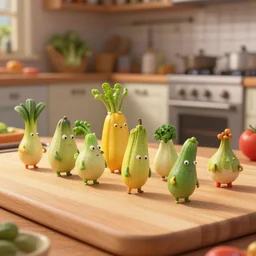 miniature vegetable creatures parade. the floor is a cutting board. a kitchen in the background. digital art, realistic, pixar style, highly detailed, cinematic, matte painting, vivid colors, realistic, epic, low angle, lighting, by greg rutkowski and artgerm and alphonse mucha