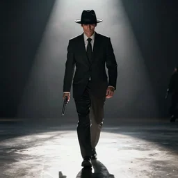 a mysterious man in a black suit and black hat is walking towards camera. he has a pistol. strong shadows, high contrast, atmospheric