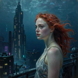Elle Fanning in an underwater city in the world of Edward Hopper, stormy sea, extremely detailed masterpiece, oil on canvas, low-key neon lighting, artstation, Blade Runner 2049, Roger Deakin’s cinematography, by J. C. Leyendecker and Peter Paul Rubens,