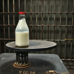 bottle of milk, over a rusted metal table inside a jail cell