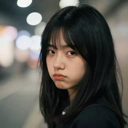 A photo of a mischievous-looking anime girl with black hair, highly detailed, bokeh, 90mm, f/1.4
