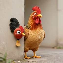 man dressed as a chicken hiding behind a corner, trending artstation, award winning photo