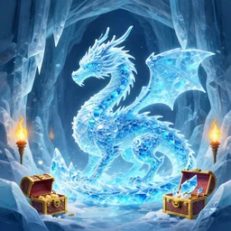Detailed illustration of a fire ice crystal dragon in a blue glowing ice cave, torches,, treasure chests, blizzard concept artists, world of warcraft, digital art, intricate, trending on artstation, deviantart, 8k, vibrant, high res