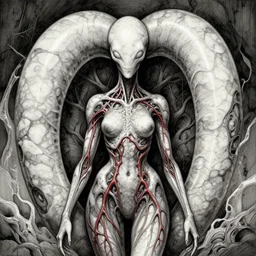 naraka buddhist demon korean female, happy female alien, tubular creature, blood vessels, no face, dystopian surrealism, alex ries zdzisław beksinski, symmetrical long head, smooth marble surfaces, smooth marble surfaces, detailed ink illustration, detailed ink illustration, raiden metal gear, cinematic smooth stone, deep aesthetic, concept art, intricate