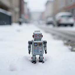 a beautiful photo by saul leiter of a tiny photoreal tin toy robot standing in a snowy street, tiny gaussian blur, insanely detailed, insanely intricate, insanely beautiful, depth of field, low contrast, snowy, wide aperture, color photography