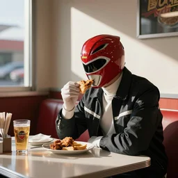 Professional photo, Nikon, A Power Ranger eating alone at a diner