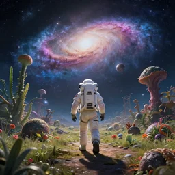 a astronaut walking on a alien planet with alien plants and animals and a giant galaxy appearing in the sky, digital art, anime style, 8K HDR, octane render, unreal engine 5, path tracing, breathtaking landscape, cinematic lighting, trending on Artstation, high quality, highly detailed, trending on DeviantArt, concept art
