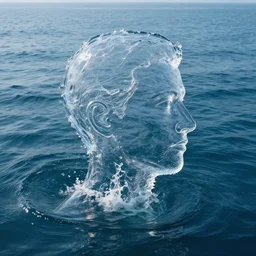 water artwork manipulation in the shape of a human head, on the ocean water, ray tracing, realistic water sharp focus, long shot, 8 k resolution, cinematic, award winning