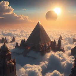 futuristic majestic solarpunk city in the galaxy, temples with one giant pyramid on the clouds, one giant sphere, bright sun magic hour, digital painting, solid cube of light, hard edges, artstation, concept art, sharp focus, illustration, 8 k highly detailed, ray traced