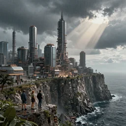 realistic photograph of super future cyber industrial city on the high seaside cliff ， volumetric lighting, rain, god's ray, soviet, detailed characters, summer, dark overcast weather, high detailed, smooth, mark arian, award winning, highly detailed 4 k art by beeple and fvckrender and visualdon, trending on cgsociety