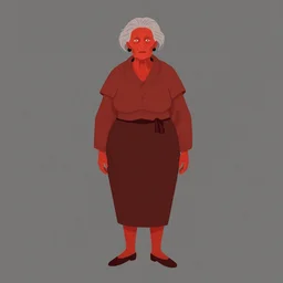 An old lady with red skin, red skin, red skinned, in the style of Disco Elysium, Disco Elysium, Disco Elysium artwork, simple, concept art