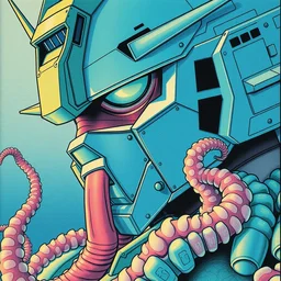 risograph grainy drawing vintage sci - fi, satoshi kon color palette, gigantic gundam full - body covered in iridescent dead coral reef 1 9 6 0, kodak, with lot tentacles, natural blue - green colors, codex seraphinianus painting by moebius and satoshi kon and dirk dzimirsky close - up portrait