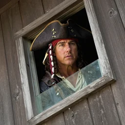 slanted angle, tom cruise as javert with enormous pirate captain hat peering out concerned down to camera from a small glass window in a wooden wall, 2 0 1 2